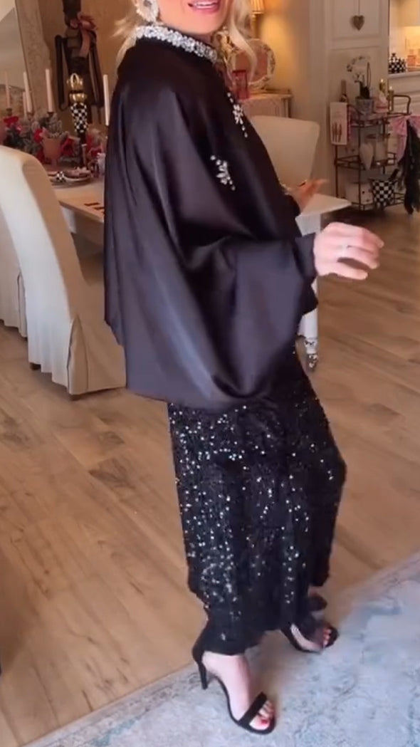 Women Round Neck Rhinestone Top+ Sequin Half Skirt Casual Set