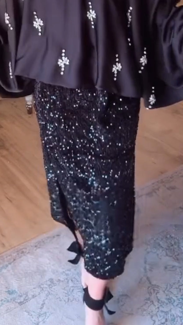 Women Round Neck Rhinestone Top+ Sequin Half Skirt Casual Set