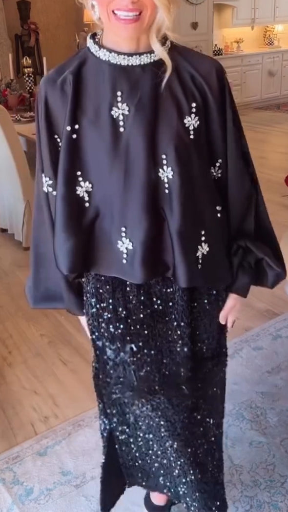 Women Round Neck Rhinestone Top+ Sequin Half Skirt Casual Set