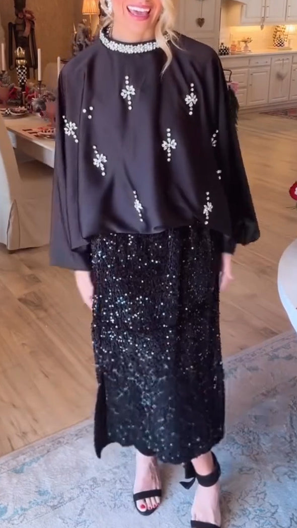 Women Round Neck Rhinestone Top+ Sequin Half Skirt Casual Set