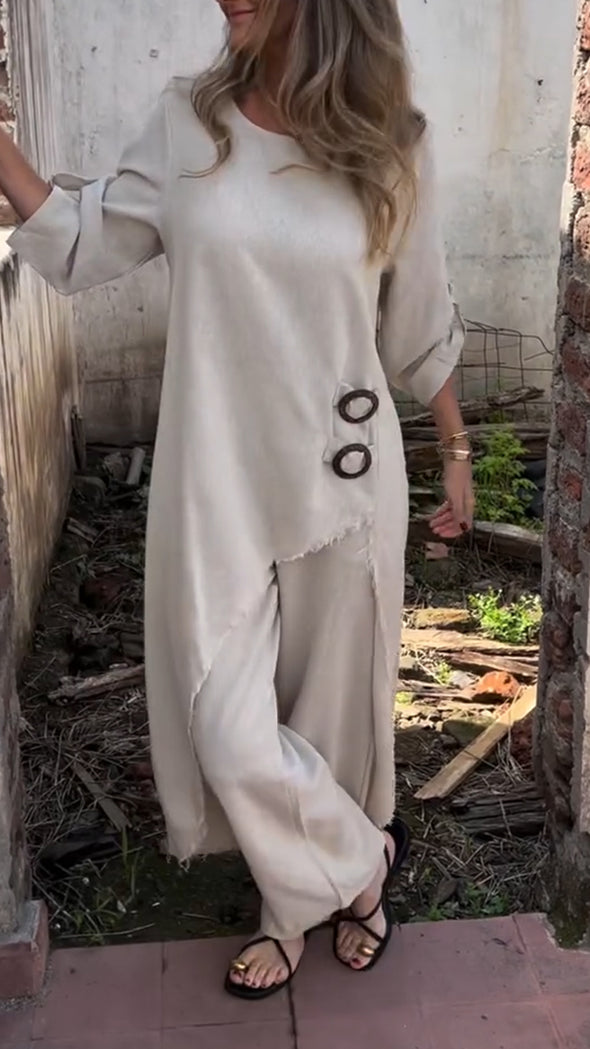 Women Round Neck Irregular Long Top+ Pants Loose Casual Suit