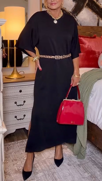 Women Round Neck Slit Solid Color Casual Dress