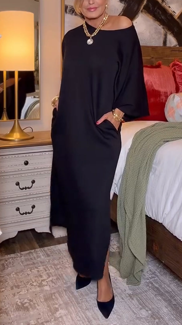 Women Round Neck Slit Solid Color Casual Dress