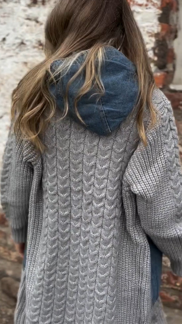 Women Hooded Patchwork Denim Casual Knitted Coat