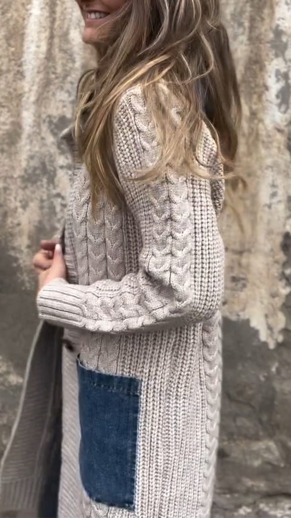 Women Hooded Patchwork Denim Casual Knitted Coat