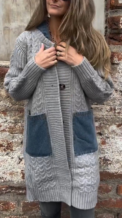Women Hooded Patchwork Denim Casual Knitted Coat