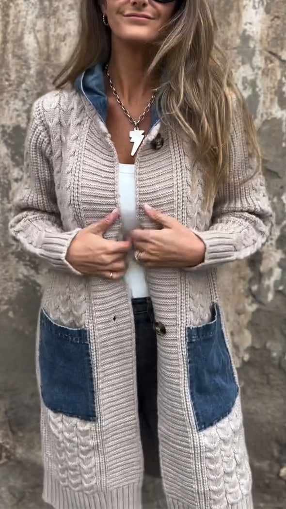 Women Hooded Patchwork Denim Casual Knitted Coat