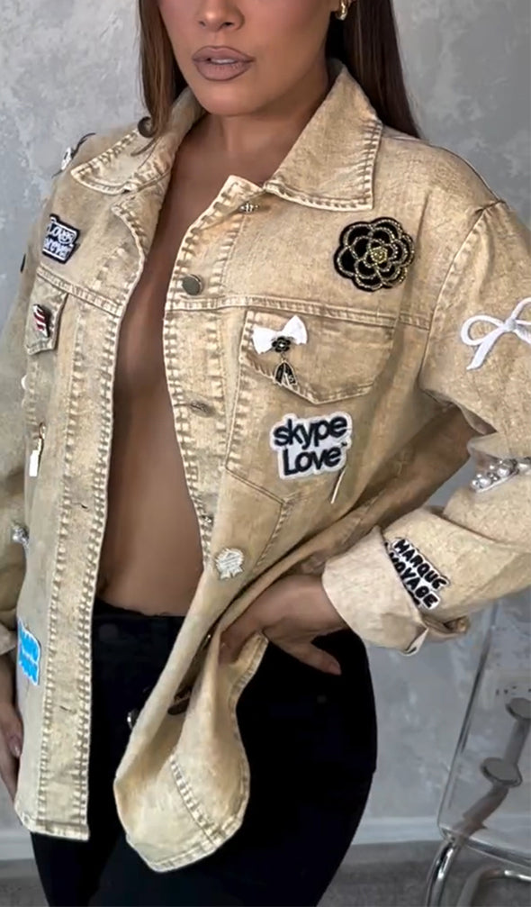 Women Lapel Stamp Casual Denim Jacket