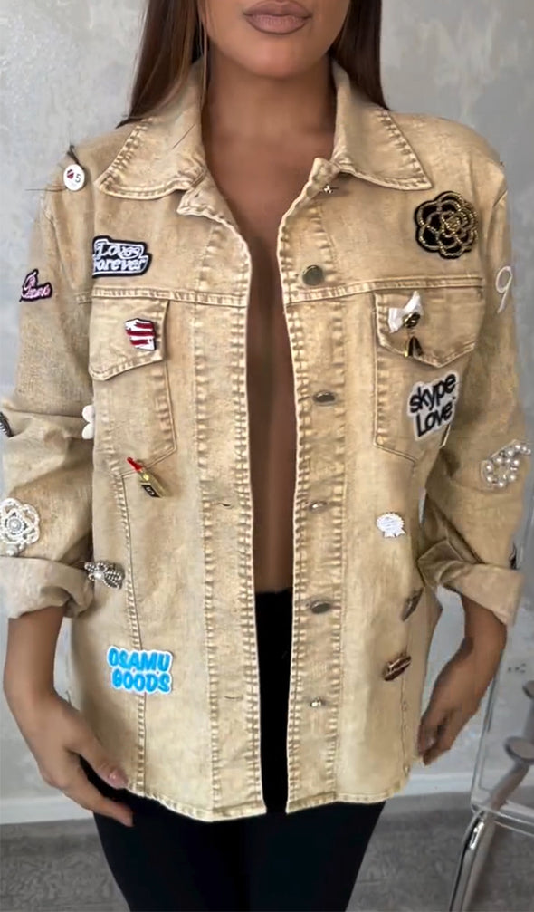 Women Lapel Stamp Casual Denim Jacket