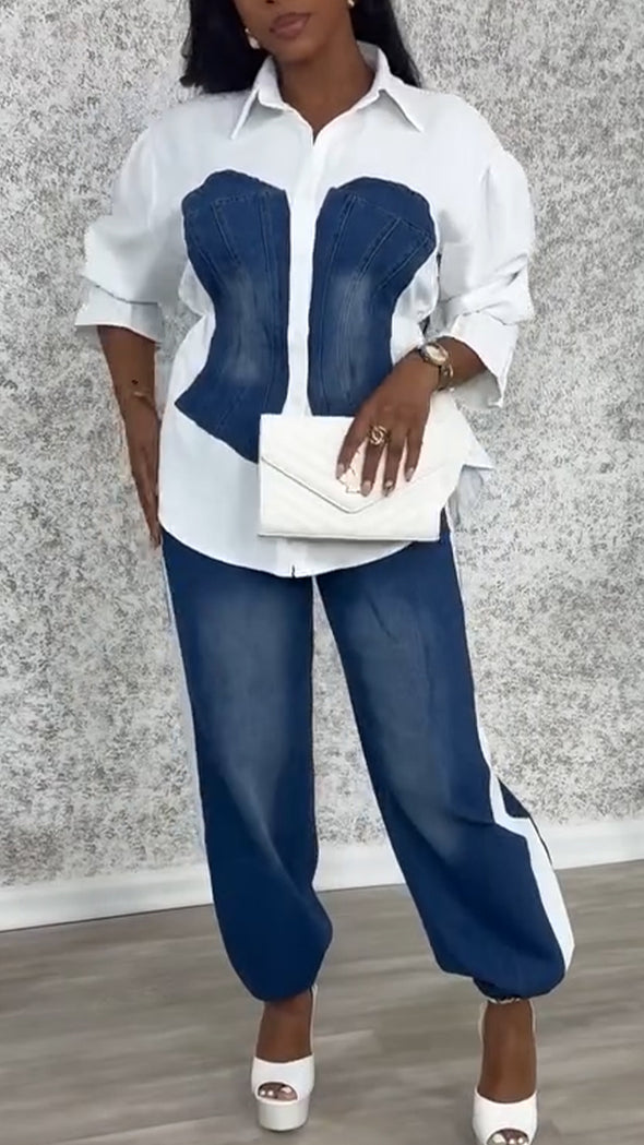 Women Laple Collar Splicing Denim Washing Water Casual Set