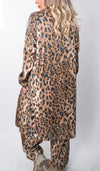 Womens Leopard Print Long Cardigan+ Pants Casual Suit