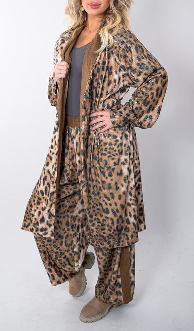 Womens Leopard Print Long Cardigan+ Pants Casual Suit