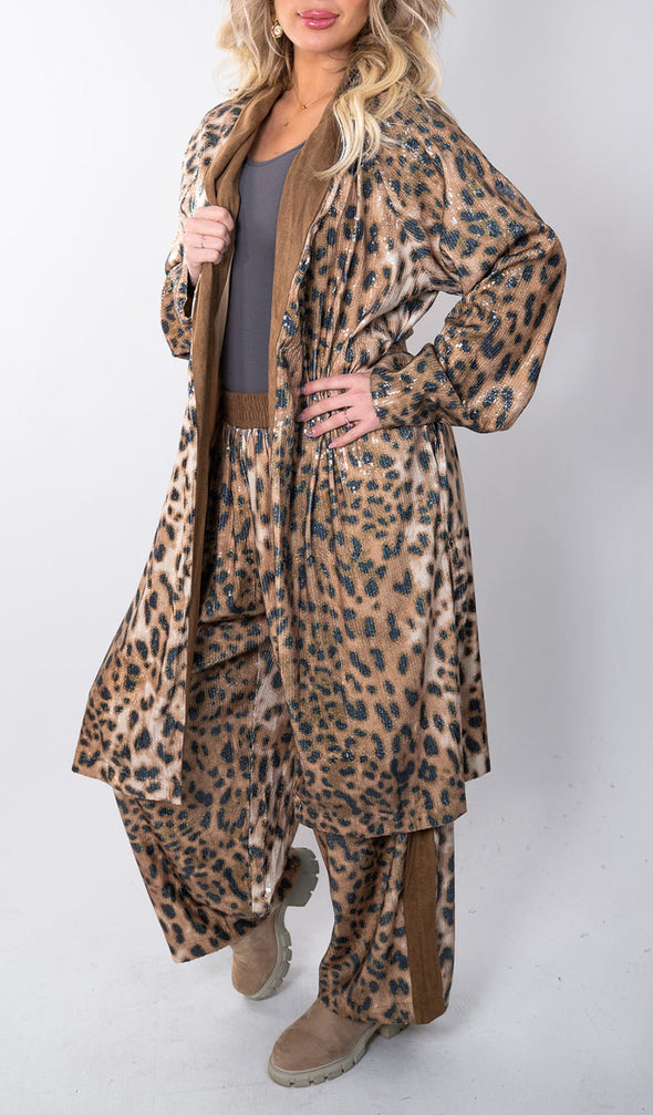 Womens Leopard Print Long Cardigan+ Pants Casual Suit