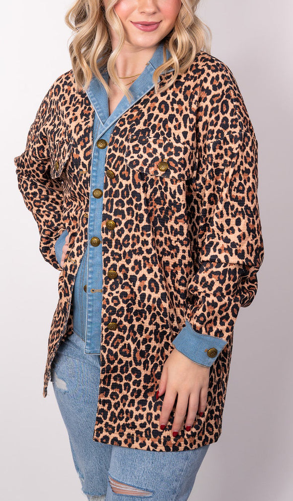 Womens Leopard Print Spliced Denim Fake Two-piece Jacket