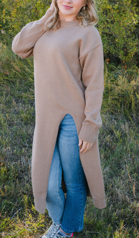 Womens Round Neck Long Solid Color Knitted Sweater