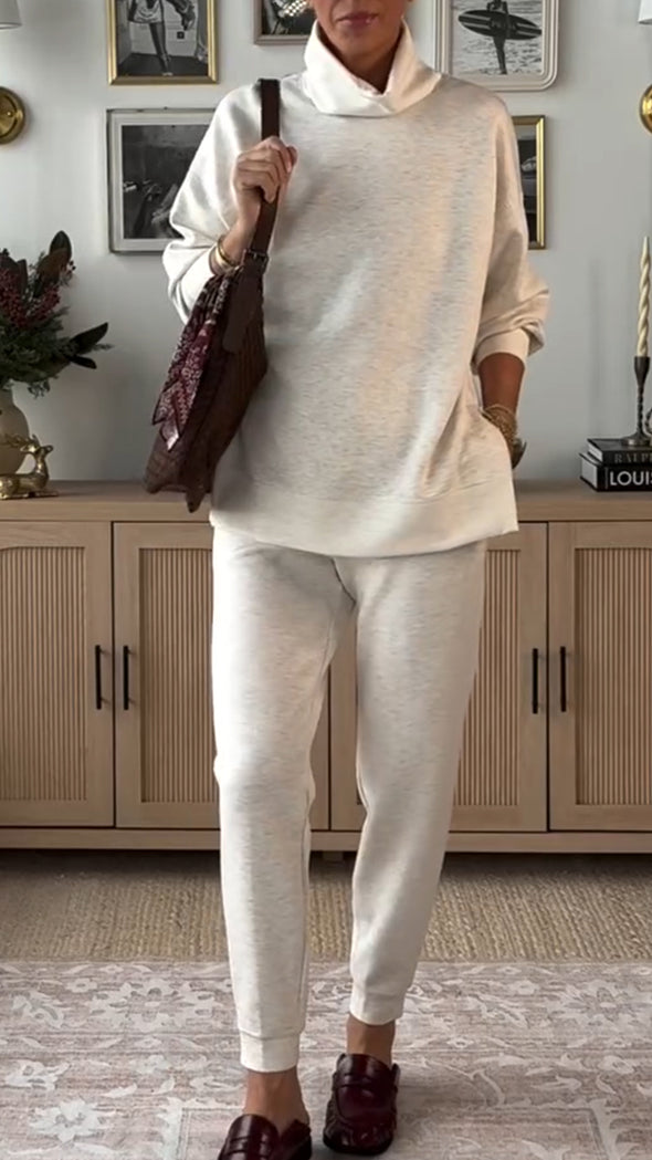 Women High Neck Solid Color Casual Suit