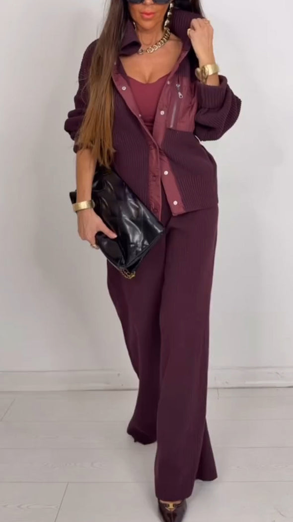 Women Laple Collar Knitted Patchwork Casual Suit