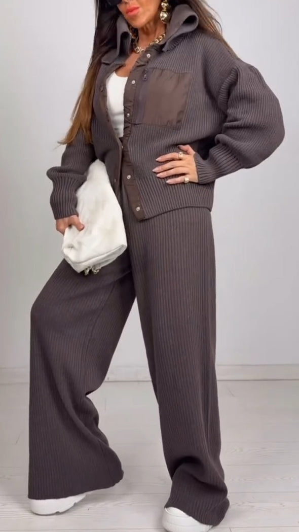 Women Laple Collar Knitted Patchwork Casual Suit