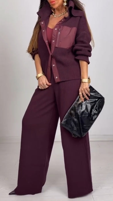 Women Laple Collar Knitted Patchwork Casual Suit