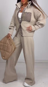 Women Laple Collar Knitted Patchwork Casual Suit