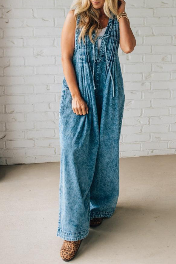 Ladies' Shoulder Strap Hollow Splicing Pleated Casual Jumpsuit