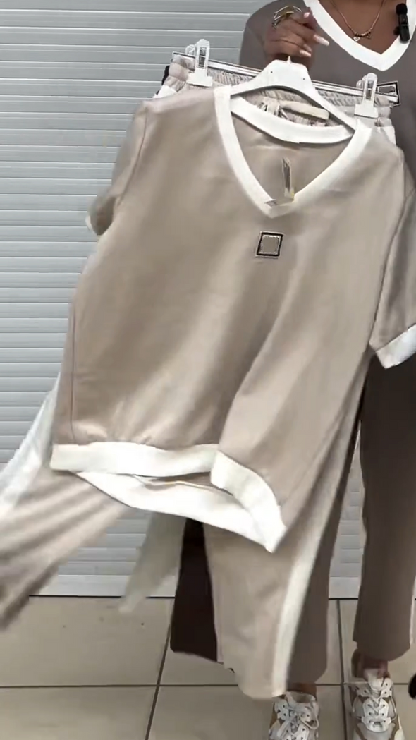 Womens V-neck Top + Pants Casual Set