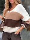 Womens Round Neck Contrast Color Knitted Casual Sweater
