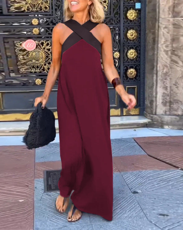 Women's Cross Halter Neck Sleeveless Stitching Dress