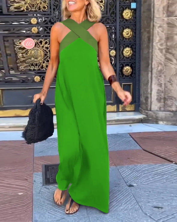 Women's Cross Halter Neck Sleeveless Stitching Dress
