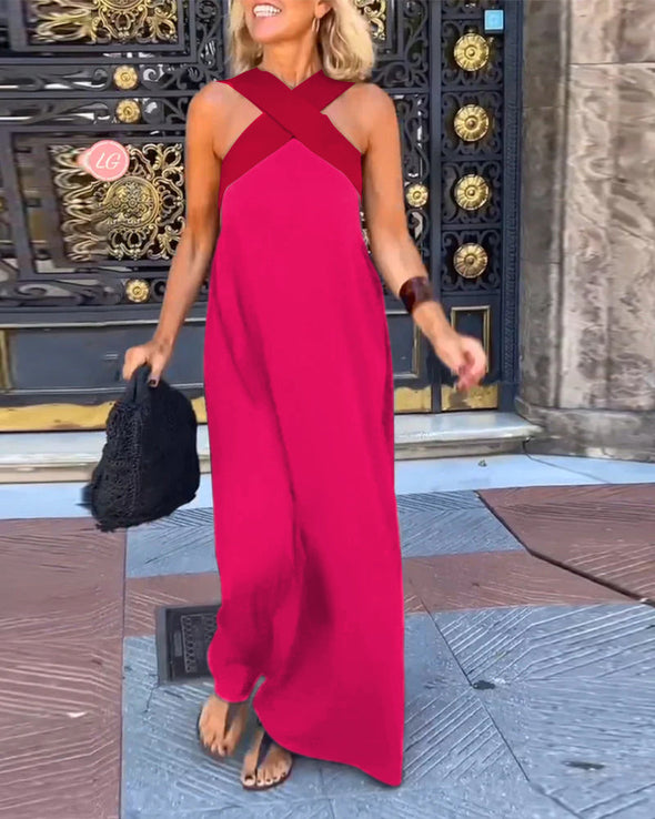 Women's Cross Halter Neck Sleeveless Stitching Dress