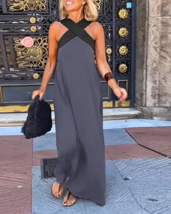 Women's Cross Halter Neck Sleeveless Stitching Dress