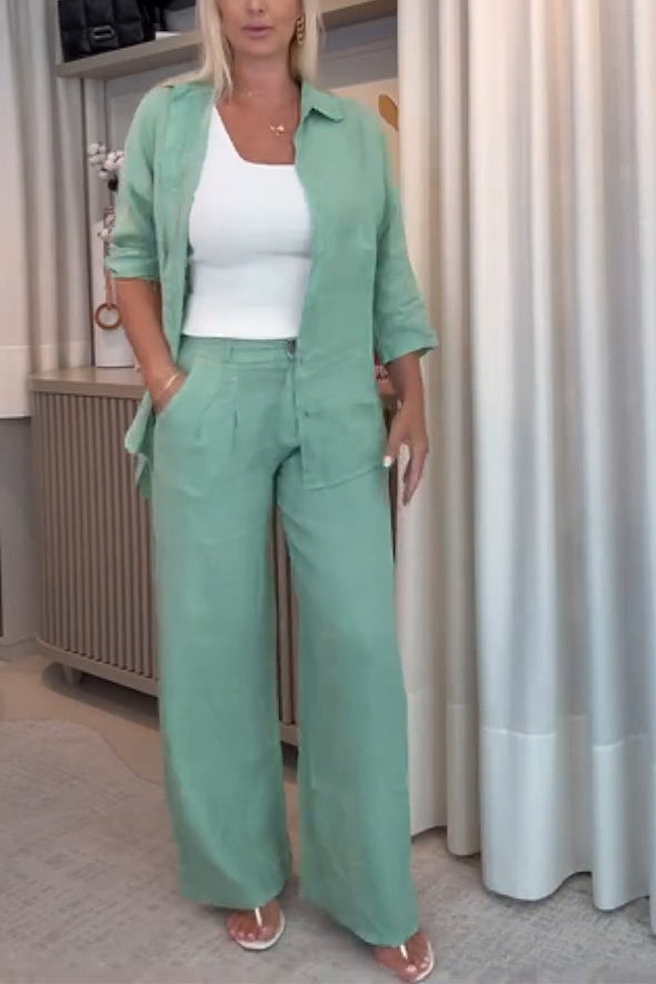 Women's Casual Lapel Single-breasted Cotton and Linen Two-piece Suit