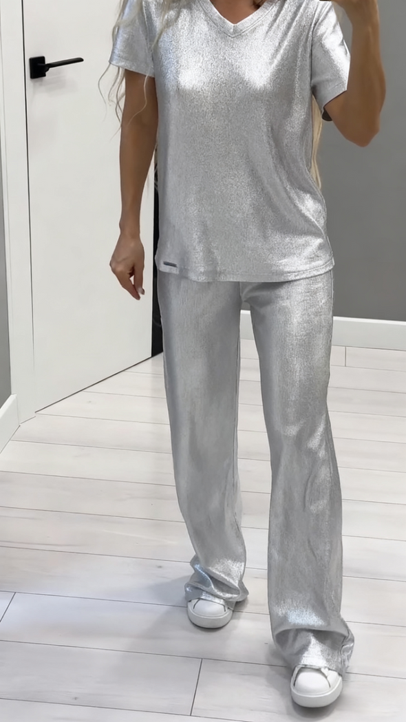 Women V-neck Solid Color Casual Suit