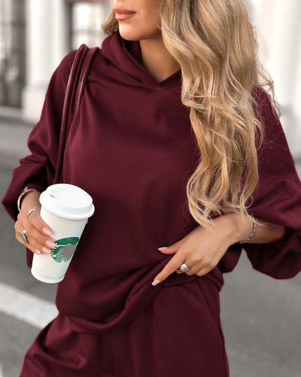 Women Round Neck Hooded Solid Color Casual Suit