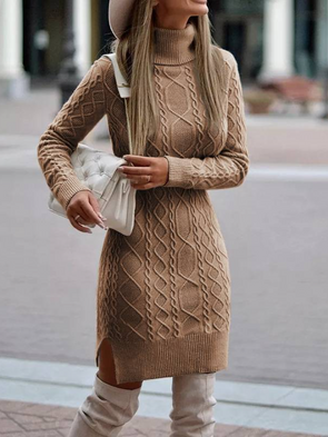 Women Turtleneck Sweater Solid Color Slit Knitted Sweater Dress
