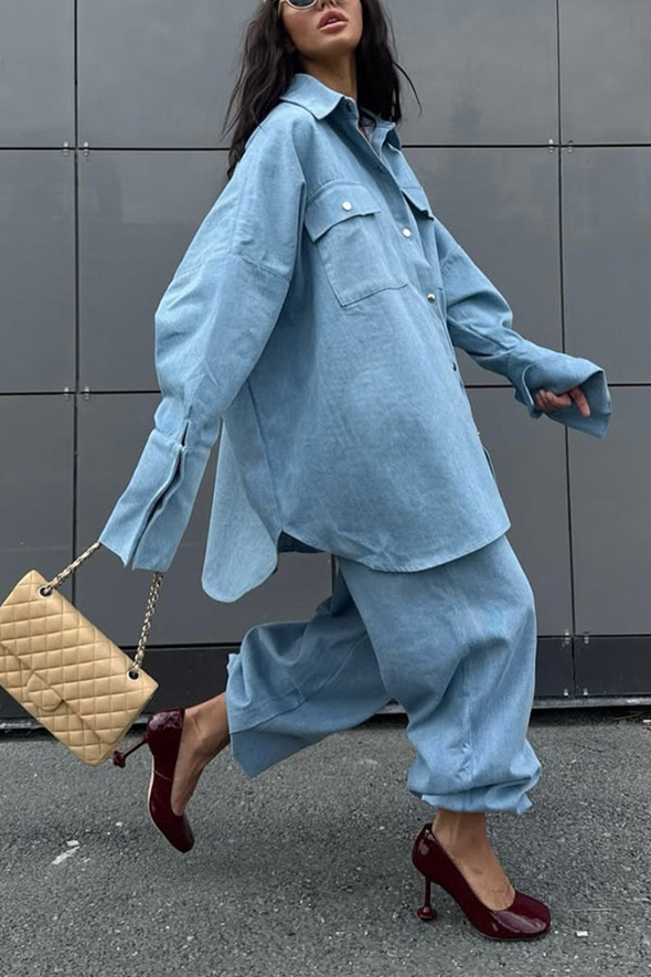 Womens Lapel Loose Top + Pants Casual Suit