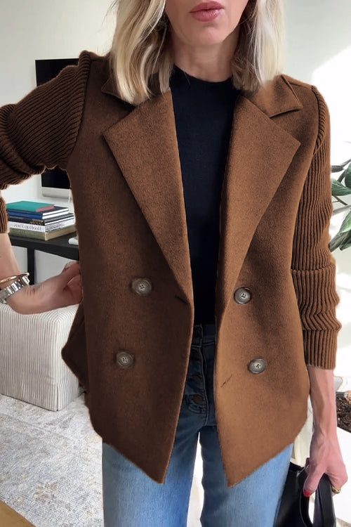 Women's Lapel Button Knitted Sleeve Casual Coat with Two Side Pockets