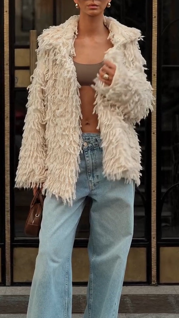 Women Lapel Hair Strip Casual Coat