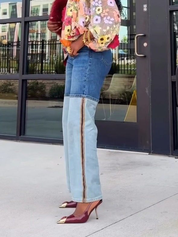 Fashion Bat Sleeve Artificial Flower Top And Jeans