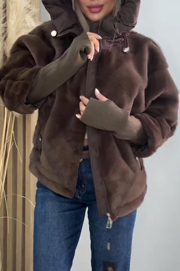 Women Casual Oversized Plush Paneled Knit Sleeve Warm Jacket