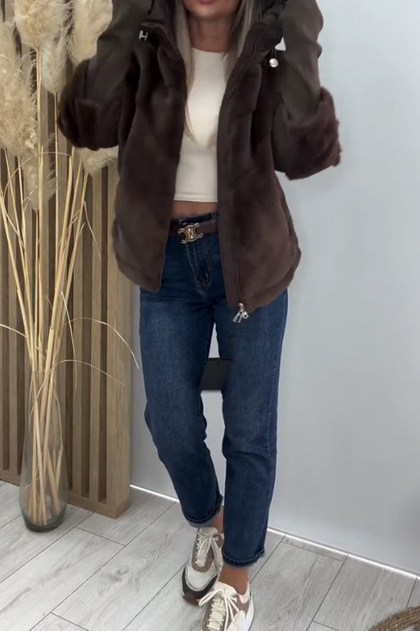 Women Casual Oversized Plush Paneled Knit Sleeve Warm Jacket