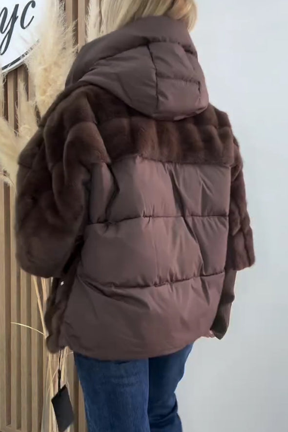 Women Casual Oversized Plush Paneled Knit Sleeve Warm Jacket
