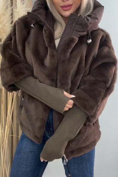 Women Casual Oversized Plush Paneled Knit Sleeve Warm Jacket