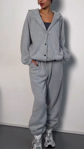 Women Button-down Hooded Jacket + Pants Casual Suit