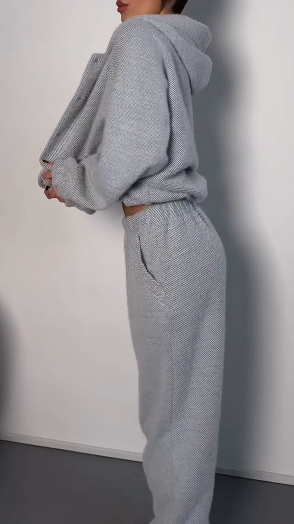 Women Button-down Hooded Jacket + Pants Casual Suit