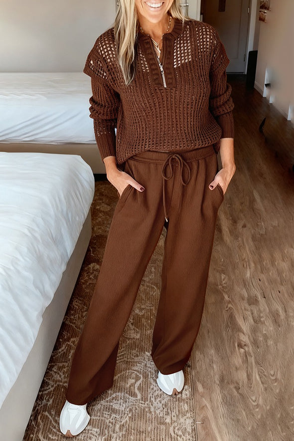 Women Round Neck Plaid Hollow Top + Drawstring Pants Casual Suit