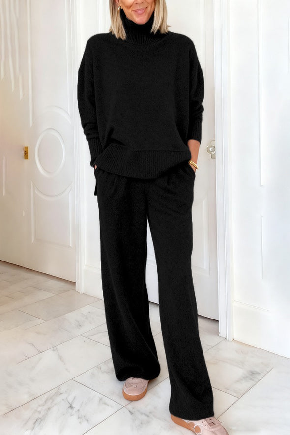 Women High-neck Stitching Knitted Side Zipper Top + Pants Casual Suit