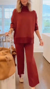 Women High-neck Stitching Knitted Side Zipper Top + Pants Casual Suit