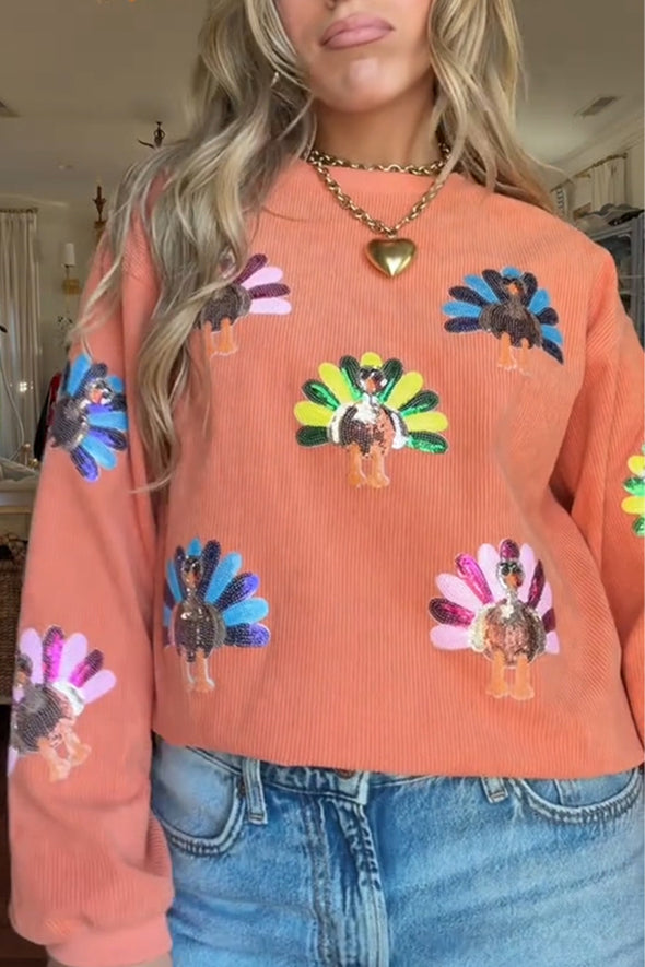 Women Round Neck Thanksgiving Element Turkey Thread Casual Sweatshirt