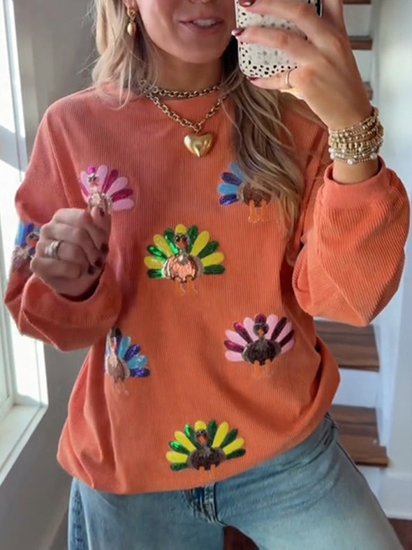 Women Round Neck Thanksgiving Element Turkey Thread Casual Sweatshirt